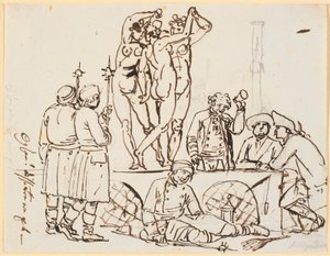 Satire darüber, dass die Polizei und die Lotterie im Charlottenborg zusammen mit der Kunstakademie untergebracht waren. Leute von der Lotterie und Wächter sind zusammen mit den drei Grazien zu sehen
