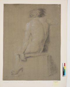 Sitzendes Modell auf hohem Sockel mit Kissen. Von hinten gesehen. Rechter Arm abgeschnitten. Linker Arm herabhängend. Beine gekreuzt von Nicolai Abildgaard