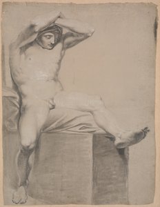 Sitzendes Modell auf hohem Sockel mit Kissen. Von vorne gesehen. Arme über dem Kopf gekreuzt. Linkes Bein ausgestreckt und leicht gebeugt von Nicolai Abildgaard