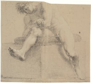 Sitzendes Modell auf niedriger Plinthe mit Kissen. Arme gekreuzt. Linkes Bein gebeugt, rechtes Bein ausgestreckt