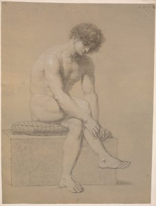 Sitzendes Modell auf niedriger Plinthe mit Kissen. Nach rechts gedreht. Herabhängende Arme. Gekreuzte Beine von Nicolai Abildgaard