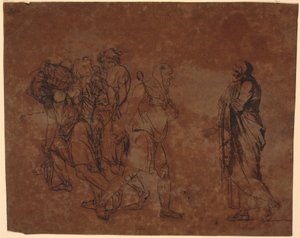 Studie von Simo, Sosie und den Sklaven, im Bild mit diesen Figuren. [Simo vertraut sich Sosia an] von Nicolai Abildgaard