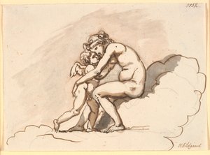 Venus, sitzend in den Wolken, umarmt Amor