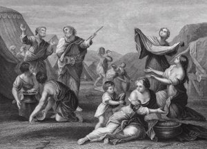 Der Fall von Manna, Exodus, Kap. 16, Vers 14, 24 (Gravur)