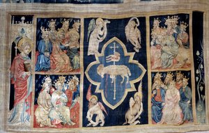 Vorhang der Offenbarung (1373-1383), Nr. 7: Die Ältesten geben einem Lamm, Symbol Christi, Ehre. Tapisserie von Nicolas Bataille