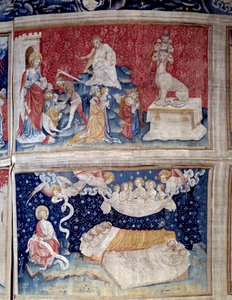 Hängung der Offenbarung (1373-1383). N. 44 oben: das Tier hat sieben Köpfe. N. 51 unten: Der Schlaf der Gerechten. Tapisserie von Nicolas Bataille (1330-1405) von Nicolas Bataille