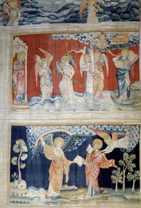 Wandteppich der Offenbarung: Die sechste Posaune, die Engel des Euphrat. Unten: Der Engel übergibt das Buch an den heiligen Johannes, der es verschlingt. Tapisserie von Nicolas Bataille