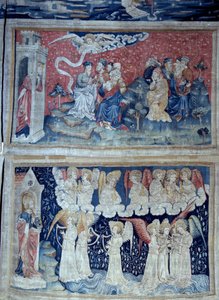 Wandbehang der Offenbarung (1373-1383), Nr. 49: Der erste Engel kündigt den Sieg an. Unten, Nr. 56, die sieben Engel tragen die sieben Schalen des Zorns Gottes. Tapisserie von Nicolas Bataille