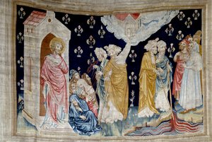 Hängung der Offenbarung (1373-1383), Nr. 28: das Wunder. Treue Diener Gottes und Propheten betrachten den in Blut verwandelten Fluss. Tapisserie von Nicolas Bataille (1330-1405)