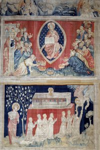 Der Vorhang der Offenbarung (1373-1383), Nr. 5: Die Ältesten verneigen sich vor Christus in Majestät (Jesus Christus in Herrlichkeit ist innerhalb einer Mandorla dargestellt). Nr. 11: Die Seelen der Märtyrer. Tapisserie von Nicolas Bataille