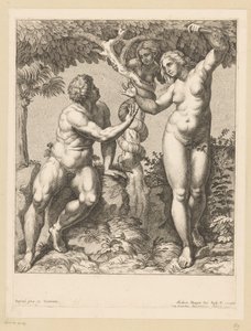 Adam und Eva von der Schlange verführt