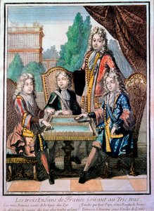 Die Enkel von Ludwig XIV., Louis Herzog von Burgund, Philippe Herzog von Anjou und Charles Herzog von Berry mit ihrem Vater, Louis, Dauphin von Frankreich, beim Trictrac-Spiel
