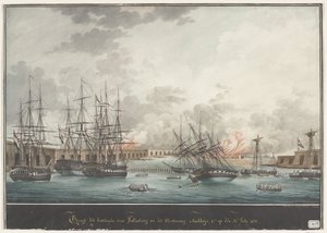 Ansicht der Batterien vor Palembang nach dem Sieg mittags - 12 Uhr am 24. Juli 1821