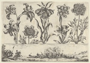 Horizontales Panel mit einer Reihe von Blumen über einem Fries mit einer Kampfszene in einer Landschaft, 1645 von Nicolas Cochin