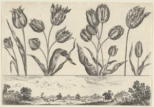 Horizontales Paneel mit einer Reihe von Blumen über einem Fries mit einer Jagdszene in einer Landschaft, 1645 von Nicolas Cochin