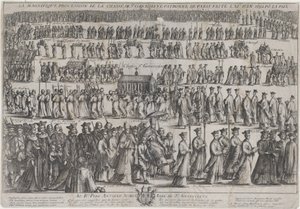 Die Prozession des Sarges der Heiligen Genoveva, mit Klerikern und Laien in sechs Reihen marschierend, 1652 von Nicolas Cochin
