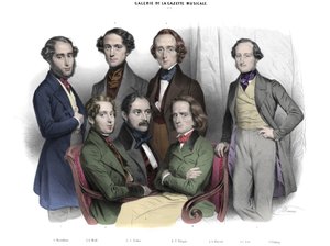 Galerie de la Gazette musicale N. 2. Berühmtheiten von 1842: Frederic Chopin, Franz Liszt, Jacob Rosenhain, Edouard Wolff, Sigismund Thalberg, Adolf von Henselt, Theodor Dohler. Gravur von Nicolas