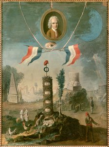 Revolutionäre Allegorie: Porträt von Jean Jacques Rousseau, Schweizer Philosoph, mit Symbolen der Revolution