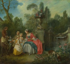 Eine Dame im Garten trinkt Kaffee mit einigen Kindern, ca. 1742