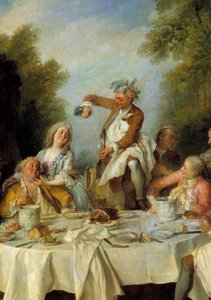 Schinkenfrühstück. Szene eines ländlichen Banketts um einen Schinken in der Noblesse (Detail). Gemälde von Nicolas Lancret (1690-1743) 1735. Maße 1,8x1,2 m. Chantilly, Museum Condé