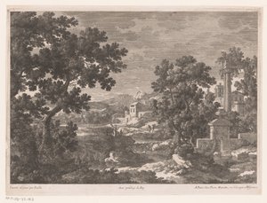 Landschaft mit antiker Quelle am Fluss