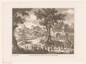 Landschaft mit Gruppe tanzender und sprechender Menschen