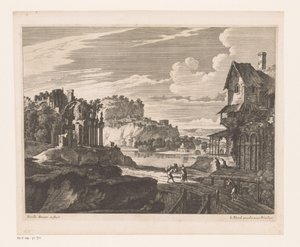 Landschaft mit Häusern und Ruinen entlang des Flusses