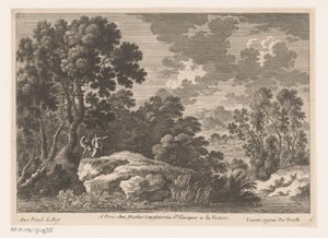 Landschaft mit Mann, Frau und Kind auf Felsen bei einem Teich