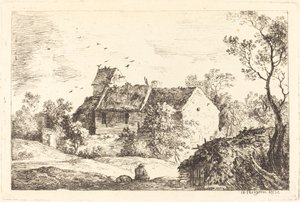 Haus mit Taubenschlag in einer hügeligen Landschaft