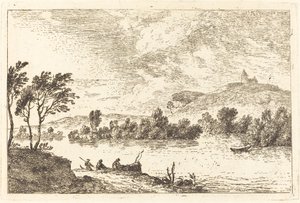 Flusslandschaft mit Figuren und einem Boot am Ufer von Nicolas Perignon