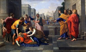 Tod der Saphira, Ehefrau des Ananias, die brennend zu Füßen von St. Peter fiel von Nicolas Poussin