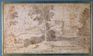 Landschaft mit einem großen Baum in der Mitte und einem Belvedere