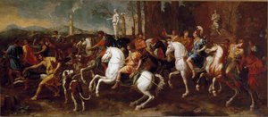Die Jagd des Meleager. Helden der griechischen Mythologie, berühmt während der Jagd auf den Eber von Kalydon. Gemälde von Nicolas Poussin von Nicolas Poussin