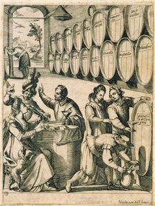 Trinker in einem Weinkeller (Namen römischer Weine sind auf die Fässer geschrieben)
