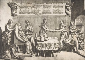 Verehrte Faulheit, Königin von Schlaraffenland, eine dicke Frau auf einem beweglichen Toilettenstuhl, 1565
