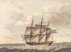 Eine schwedische Fregatte mit gerefften Marssegeln im Wind von Niels Truslew