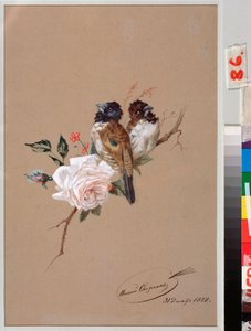 Zwei Vögel auf einer Rose