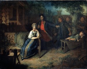 Der Räuber Jegor Baschlyk entführt die Frau des Kaufmanns Grunya. Gemälde von Nikolai Michailowitsch Alexejew (1813-1880). Öl auf Leinwand, 77,7 x 99,2 cm