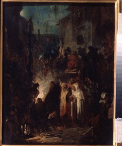 Autodafé. Straßenszene bei Nacht nach dem Urteil des Inquisitionstribunals, Werk von Nikolai Petrovich Lomtev von Nikolai Petrovich Lomtev