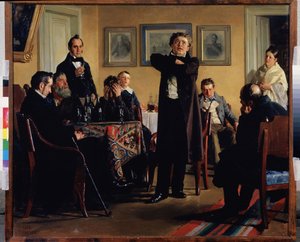 Der Schauspieler Pawel Mochalow (1808-1848) umgeben von seinen Bewunderern. (Schauspieler P. Mochalow unter seinen Bewunderern). Er gilt als der größte Tragöde des romantischen Russlands und spielt eine Rolle in einem privaten Salon, die Zuschauer sind auf von Nikolai Vasilievich Nevrev