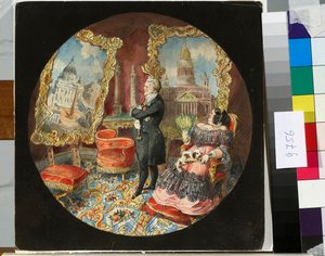 Der Architekt Auguste Ricard de Montferrand (1786-1858) und seine Frau in ihrem Salon, stolz auf Gemälde seiner Werke blickend von Nikolay Benois