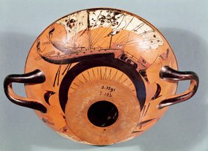 Attische schwarzfigurige Tasse, die griechische Segelschiffe zeigt, ca. 520 v. Chr.