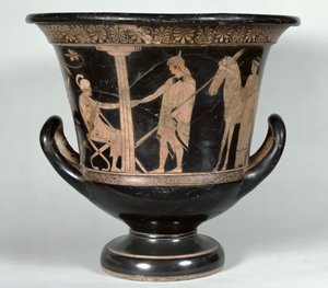 Attisch rotfiguriger Kalyx-Krater, der einen Hopliten zeigt, der aus dem Krieg zurückkehrt