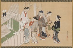 Erster Besuch eines Säuglings in einem Shinto-Schrein, Edo-Zeit, spätes 17. bis frühes 18. Jahrhundert von Nishikawa Sukenobu