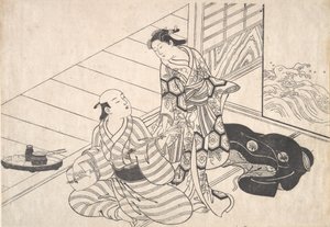 Dame unterbricht ihren Liebhaber, der Shamisen spielt