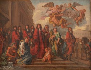 Die Schöffen von Paris verlassen das Hôtel de Ville nach Notre Dame, um nach dem Sieg von Seneffe im Jahr 1674 zu danken, ca. 1681 (Öl auf Leinwand)