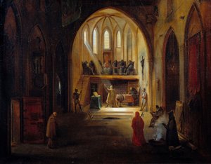 Galileo (1564-1642) vor dem Tribunal der Inquisition. Der italienische Astronom Galileo Galilei wurde 1633 wegen seiner Arbeit zur Verteidigung des heliozentrischen Modells des Universums von Kopernikus verurteilt. Gemälde von Joseph Clerian (1796-1842)