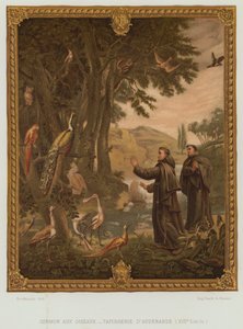 St. Franziskus von Assisi predigt den Vögeln (Farblithografie)