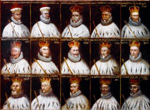 Wappen der Republik Genua und Porträts der Dogen. Giovanni Stefano Doria, Francesco Gio. Brignole Sale, Agostino Pallavicini, Giov.Battista Durazzo, Agostino Giovanni De Marini, Giovan Battista Lercari, Luca Giustiniani, Giovanni Battista L
