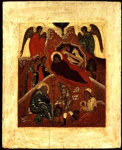 Ikone der Geburt Christi, die Anbetung der Heiligen Drei Könige und die Versuchung des Heiligen Joseph, ca. 1500 von Novgorod School